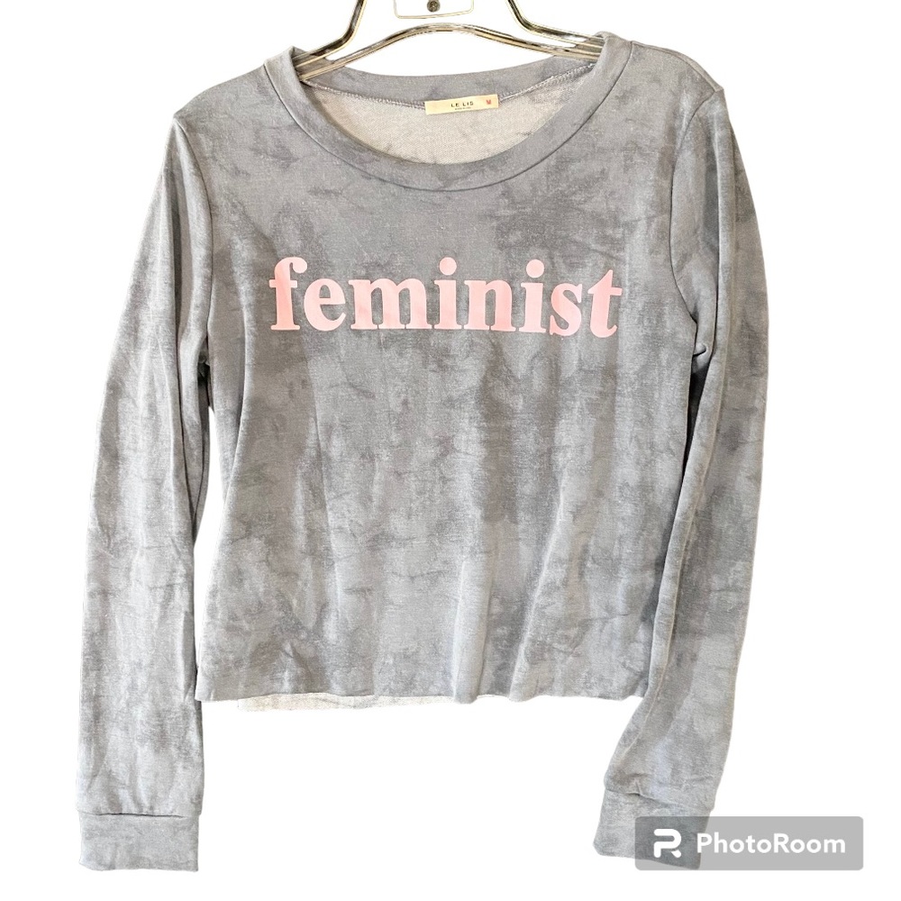 New soft lightweight cropped pullover Feminist long sleeve Grey Tie-dye w Pink